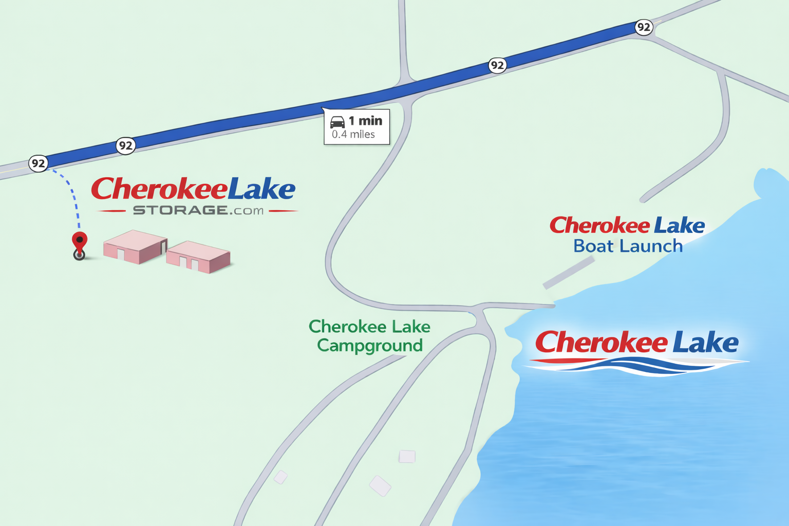 Map showing Cherokee Lake Storage location just 1 minute (0.4 miles) from Cherokee Lake Boat Launch and Campground